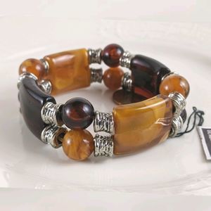 Vintage Lucite Orange Brown Silver Stretch Bracelet Faux Amber Bakelite NWT